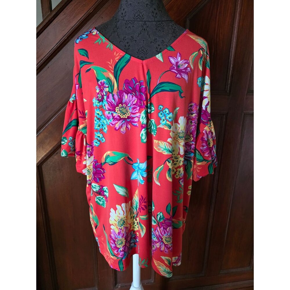 Susan Graver Womens Floral Print Red Top 2XL Short Sleeve V-Neck